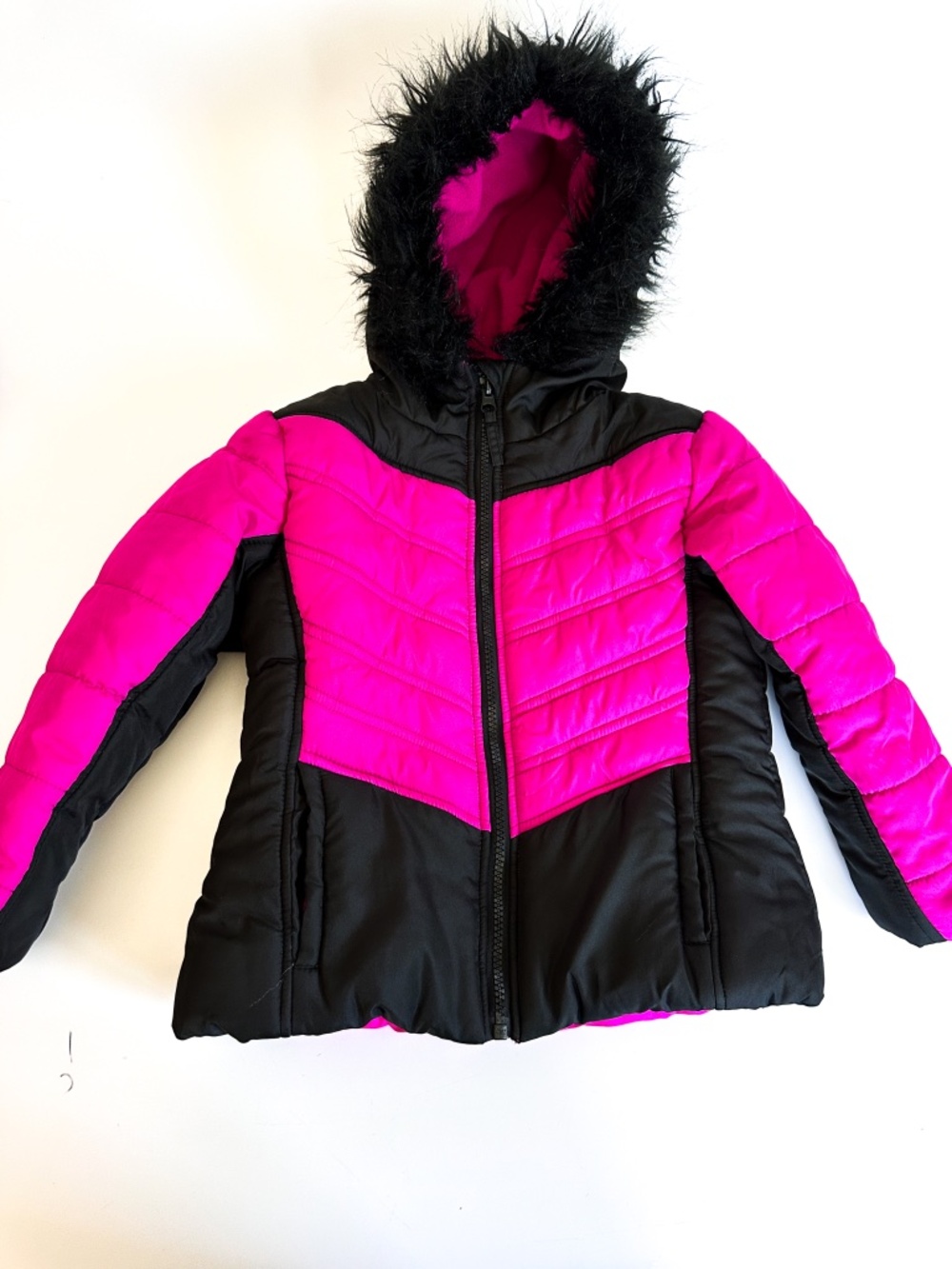 Rothschild Bright Puffer Jacket Hot-Pink Black Faux Fur Trimmed Girls Size 4